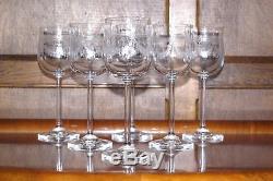 A Set of 6 Art Nouveau Wine Glasses Etched Crystal Tall Antique Goblets