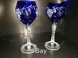 AJKA COBALT BLUE CASED CUT TO CLEAR Crystall WINE GOBLETS 8 1/2 Set of 2