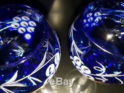 AJKA COBALT BLUE CASED CUT TO CLEAR Crystall WINE GOBLETS 8 1/2 Set of 2