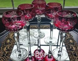 AJKA CRANBERRY CUT TO CLEAR CRYSTAL WINE GOBLETS Set of 5 GORGEOUS