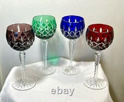 AJKA Cut Crystal Glass Hock Wine Goblets Arabella Set of 4 Blue Red Green Purple