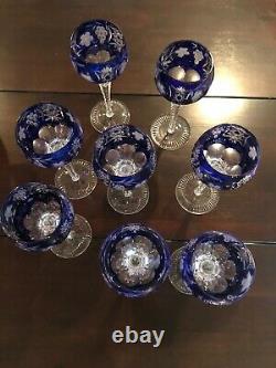 AJKA HUNGARY MARSALA COBALT CASED CUT TO CLEAR CRYSTAL WINE GOBLETS 8 Set of 8