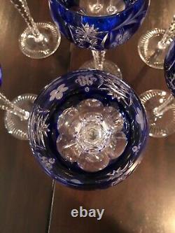 AJKA HUNGARY MARSALA COBALT CASED CUT TO CLEAR CRYSTAL WINE GOBLETS 8 Set of 8