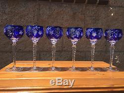 AJKA Marsala cut to clear crystal Hock wine goblets, cobalt blue, set of 6