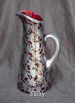 ANTIQUE 1920s ALVIN STERLING SILVER OVERLAY WINE JUG/PITCHER RED CRYSTAL GLASS