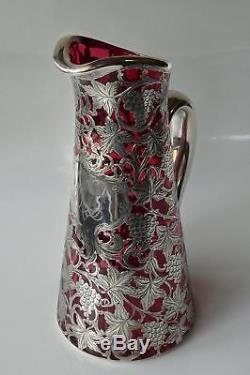 ANTIQUE 1920s ALVIN STERLING SILVER OVERLAY WINE JUG/PITCHER RED CRYSTAL GLASS