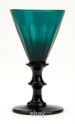 ANTIQUE EXCEPTIONAL PANEL CUT GREEN GLASS WINE GLASS c. 1820