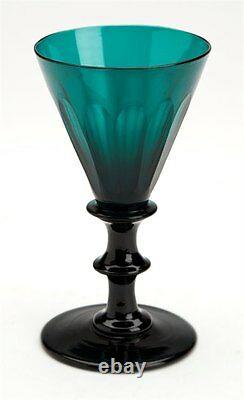 ANTIQUE EXCEPTIONAL PANEL CUT GREEN GLASS WINE GLASS c. 1820