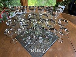 ANTIQUE Estate Crystal Glass Sterling Silver Rimmed Stemware Set Of 23