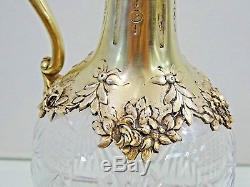ANTIQUE FRENCH SILVER & CUT GLASS CRYSTAL WINE DECANTERS CLARET JUG sterling 19C