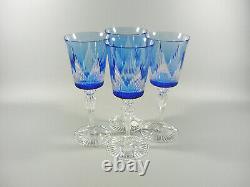 Ajka Azure Blue Cut To Clear Crystal Water / Wine Bock Glass Set Of 4