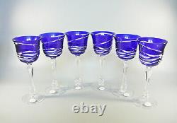 Ajka Cobalt Blue Cut To Clear Crystal Wine Glass Set Of 6! (bt045)