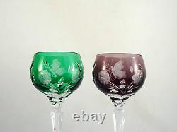 Ajka Crystal Cut Clear Blue Red Green Amethyst Butterfly Tall Hock Wine Glasses