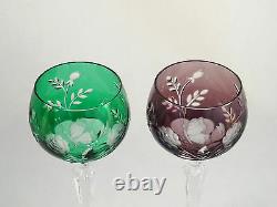 Ajka Crystal Cut Clear Blue Red Green Amethyst Butterfly Tall Hock Wine Glasses