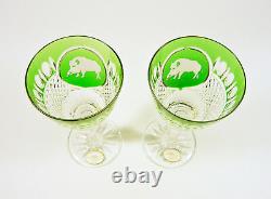 Ajka Emerald Green Wild Boar Hunting Crystal Wine Glass Set Of 2! (a022)