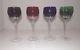 Ajka Hungary Cut To Clear Crystal Wine Glasses Red Green Purple Blue 8 1/4 Tall
