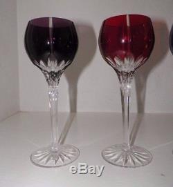 Ajka Hungary Cut To Clear Crystal Wine Glasses Red Green Purple Blue 8 1/4 Tall