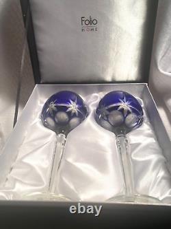 Ajka Kent Balloon Wine Glasses S/2 Cobalt Blue Cut To Clear Crystal Bohemian