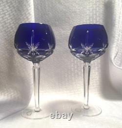 Ajka Kent Balloon Wine Glasses S/2 Cobalt Blue Cut To Clear Crystal Bohemian