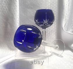 Ajka Kent Balloon Wine Glasses S/2 Cobalt Blue Cut To Clear Crystal Bohemian