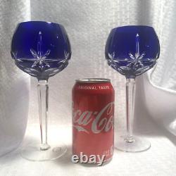 Ajka Kent Balloon Wine Glasses S/2 Cobalt Blue Cut To Clear Crystal Bohemian