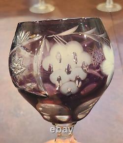 Ajka Lead Crystal Marsalla Purple Cut To Clear Crystal Wine Glasses-(4) 8.25 In
