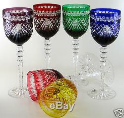 Ajka Majestic Wine Glass Goblets 9.5h, Multi-color Cased Cut Clear Crystal Nib