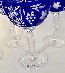 Ajka Marsala Bohemian Cut To Clear Crystal Wine Hock /goblet Cobalt Blue. Four