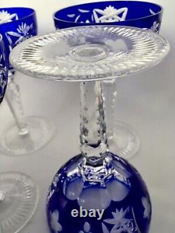 Ajka Marsala Bohemian Cut To Clear Crystal Wine Hock /goblet Cobalt Blue. Six