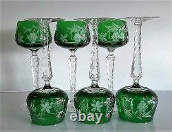 Ajka Marsala Emerald Green Cased Cut To Clear Crystal Wine Hock Glass, Set Of 6