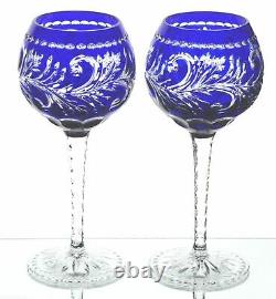 Ajka Monika Cobalt Blue Cased Cut to Clear Crystal Wine Goblets New Signed