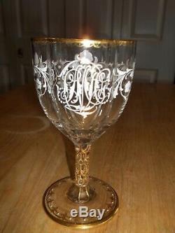 Antique 6 Moser Bohemian Fine Crystal Enameled Quadrefoil Wine Glasses / Goblets