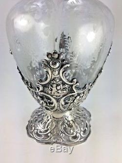 Antique 800 Silver Mounted Etched Crystal Wine Decanter Wolf & Knell Hanau