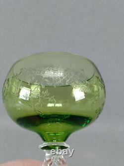 Antique Baccarat Engraved Floral Scrollwork Green & Clear Cut Hock Wine Glass A