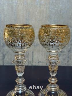 Antique Bohemian Gold Gilt Hand Blown Glass Goblets Baroque Style Stemware Pai