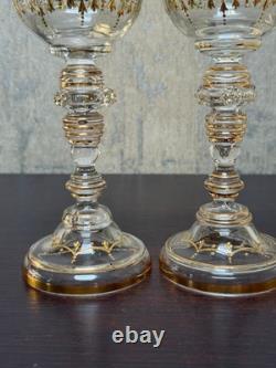 Antique Bohemian Gold Gilt Hand Blown Glass Goblets Baroque Style Stemware Pai