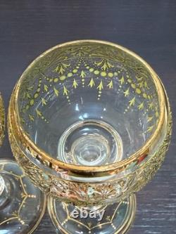 Antique Bohemian Gold Gilt Hand Blown Glass Goblets Baroque Style Stemware Pai