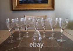 Antique Crystal Etched Stemmed Wine Glasses Set of 8 Floral Design 7.75 Tall