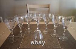 Antique Crystal Etched Stemmed Wine Glasses Set of 8 Floral Design 7.75 Tall