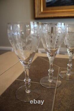 Antique Crystal Etched Stemmed Wine Glasses Set of 8 Floral Design 7.75 Tall