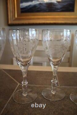 Antique Crystal Etched Stemmed Wine Glasses Set of 8 Floral Design 7.75 Tall