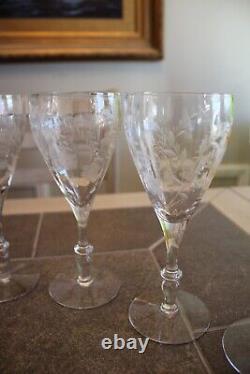 Antique Crystal Etched Stemmed Wine Glasses Set of 8 Floral Design 7.75 Tall