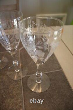 Antique Crystal Etched Stemmed Wine Glasses Set of 8 Floral Design 7.75 Tall