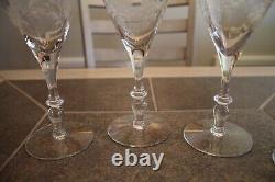 Antique Crystal Etched Stemmed Wine Glasses Set of 8 Floral Design 7.75 Tall