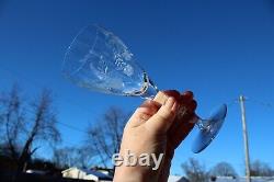 Antique Crystal Etched Stemmed Wine Glasses Set of 8 Floral Design 7.75 Tall