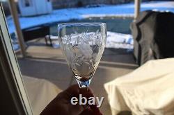 Antique Crystal Etched Stemmed Wine Glasses Set of 8 Floral Design 7.75 Tall