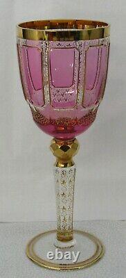 Antique Czech Bohemian Cranberry Cabochon Listovane Crystal Glass Wine Stem