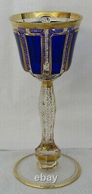 Antique Czech Bohemian Sapphire Blue Cabochon Listovane Crystal Glass Wine Stem