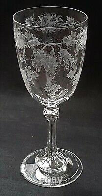 Antique Etched Wine Glass Engraved Glass Goblet Vines, Insects Bees Knopped Stem
