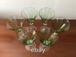 Antique Hand Blown Green Optic Paneled Wine Stems